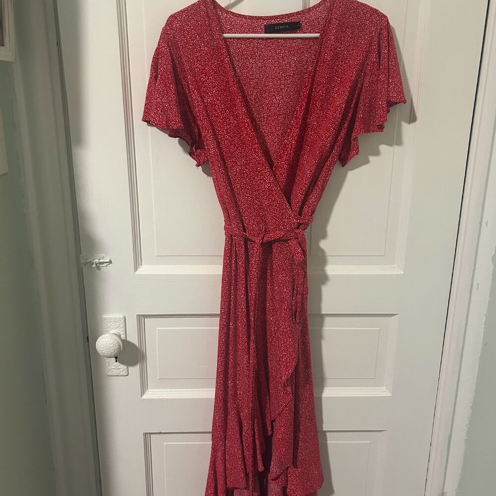 ZESICA Large Red Bohemian Floral Printed Wrap V Neck